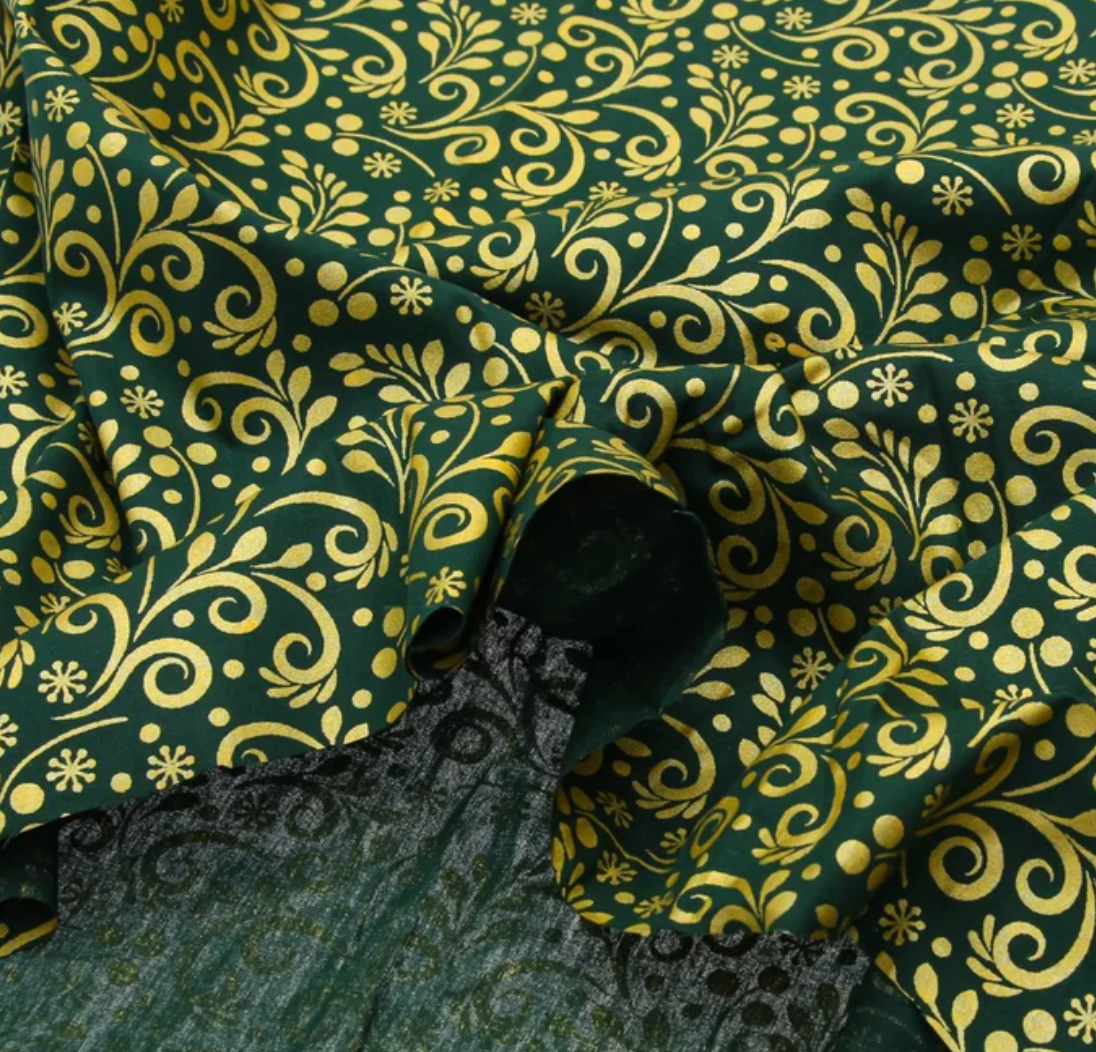 Tricoline 100% Algodón - NV015 Navidad Ramos dorado fondo Verde (50 x 150)