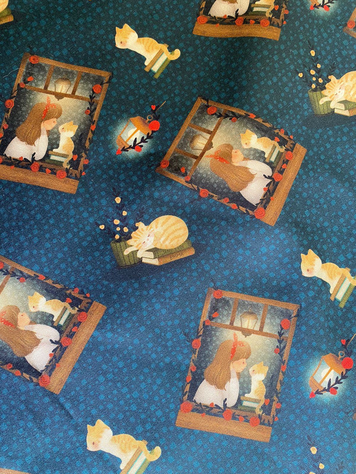 Tricoline 100% Algodón - PJ022 Digital Personaje Niña y Gato Ventana (50 x 150)