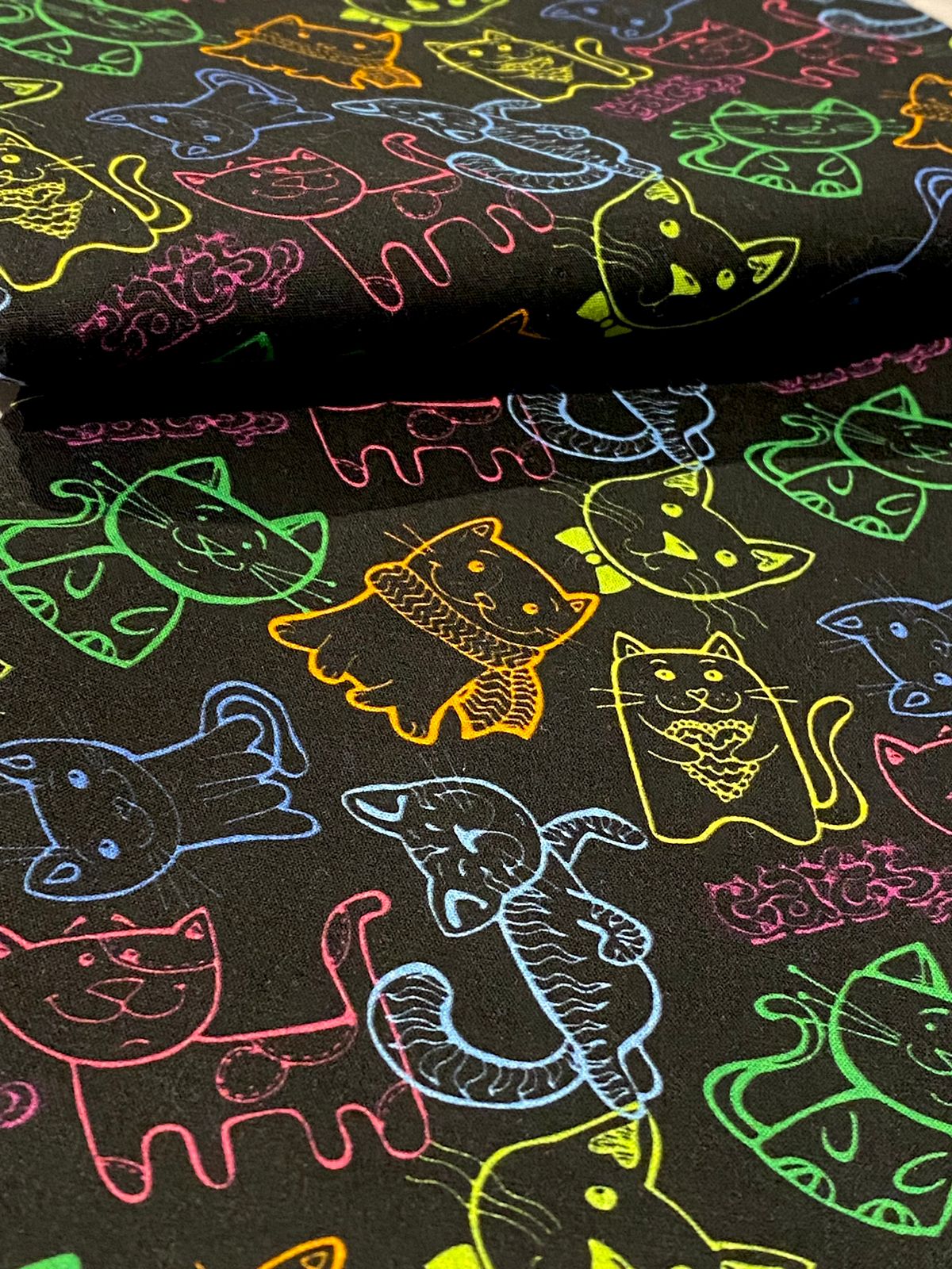Tricoline 100% Algodón - DG003 -Digital Gatos Fondo Negro (50 x 150)