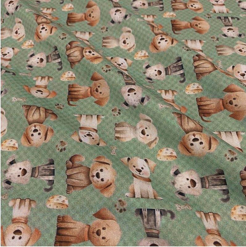 Tricoline 100% Algodón - EX047 Perros fondo Verde (50 x 150)