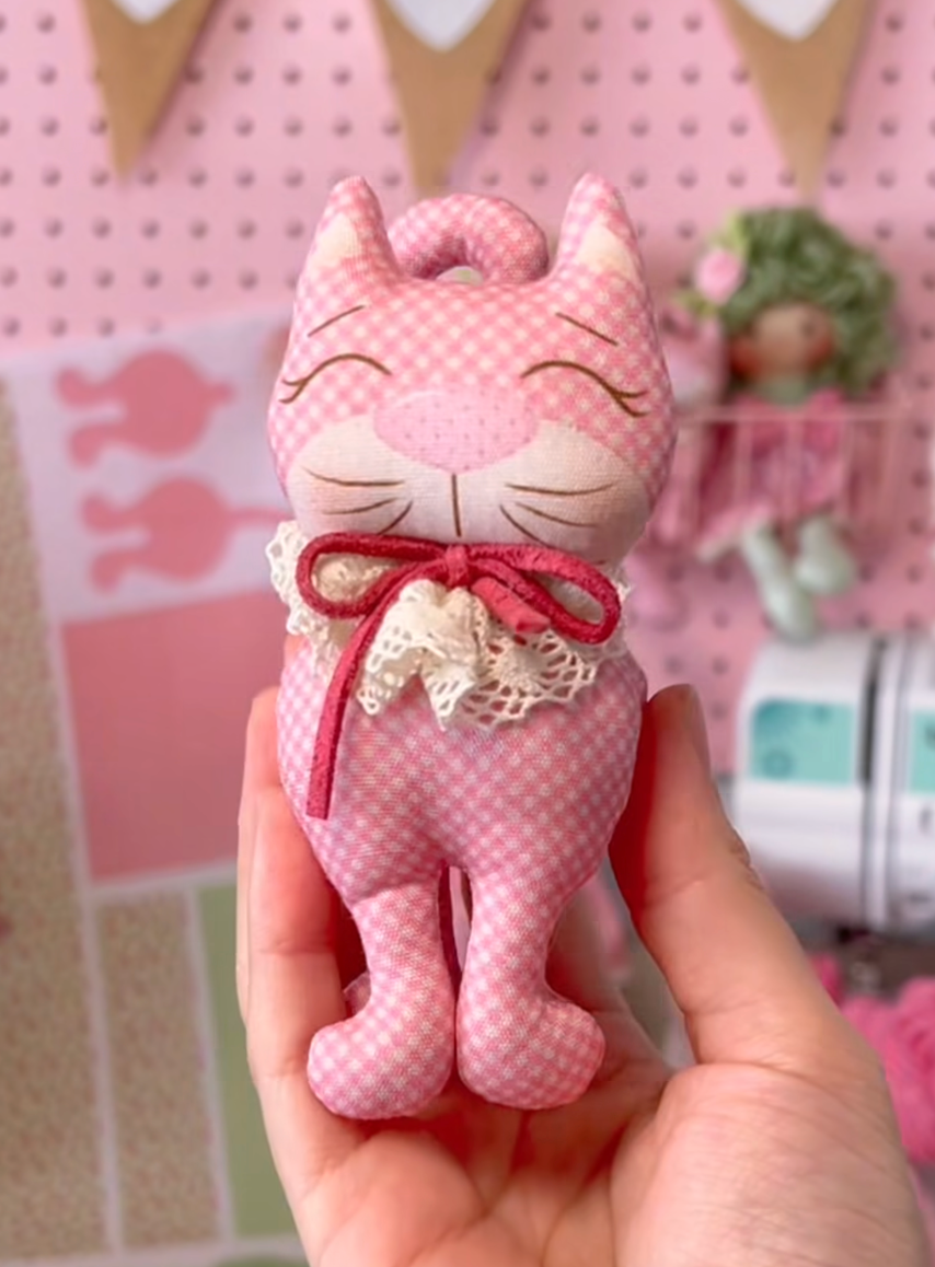 Tricoline 100% Algodón  - CP072 Panel Mini Muñeca Individual Gato rosa (33 x 75)