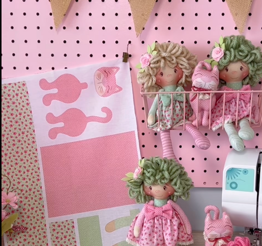 Tricoline 100% Algodón  - CP072 Panel Mini Muñeca Individual Gato rosa (33 x 75)