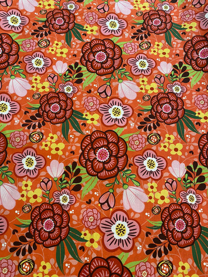 Tricoline 100% Algodón - Digital Floral fondo Naranja  (50 x 150)