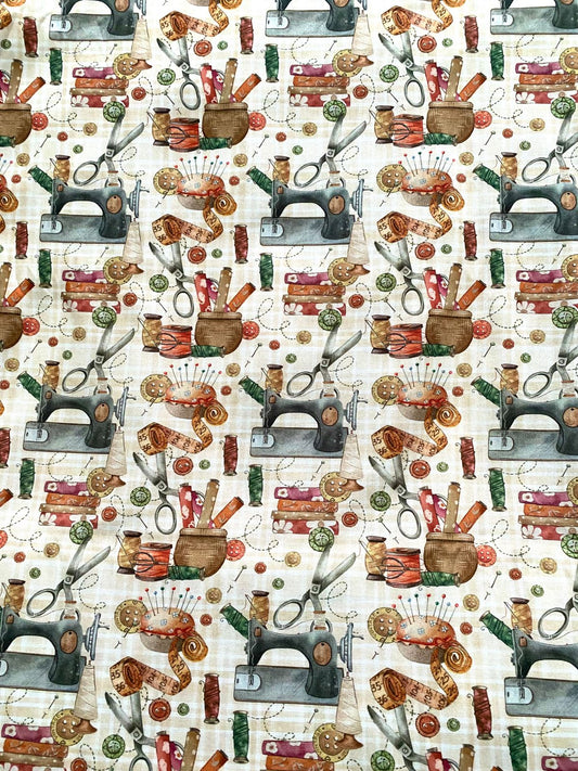 Tricoline 100% Algodón - EX034 Exclusiva Costurando Beige/verde Fuxicos (50 x 150)