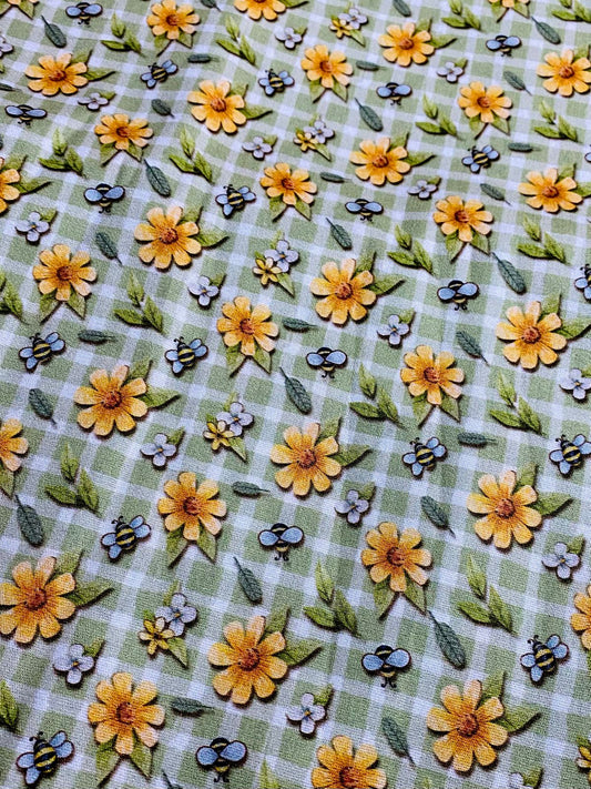 Tricoline 100% Algodón - EX043 Exclusiva Flores Abejas Picnic (50 x 150)