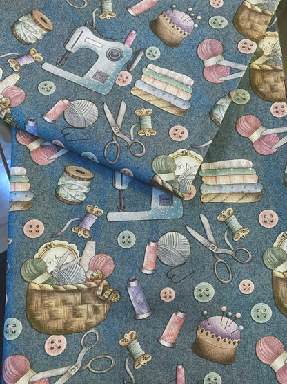 Tricoline 100% Algodón - EX005 Exclusiva Costurita Azul Fuxicos (50 x 150)