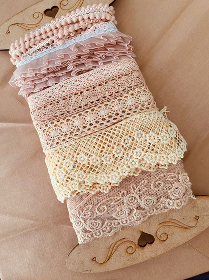 Kit 7 Encajes Variados CP009- Color Rosa Palo (14 Metros total)