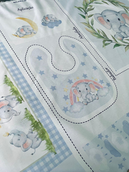 Tricoline 100% Algodón  - PT095 Patrón Panel kit Cuna Elefante NIÑO (99 x 150)