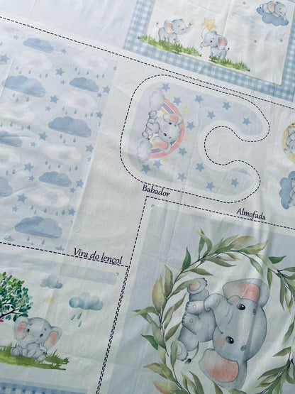 Tricoline 100% Algodón  - PT095 Patrón Panel kit Cuna Elefante NIÑO (99 x 150)
