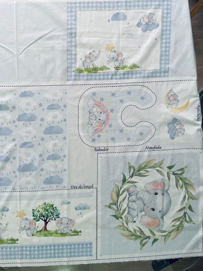 Tricoline 100% Algodón  - PT095 Patrón Panel kit Cuna Elefante NIÑO (99 x 150)