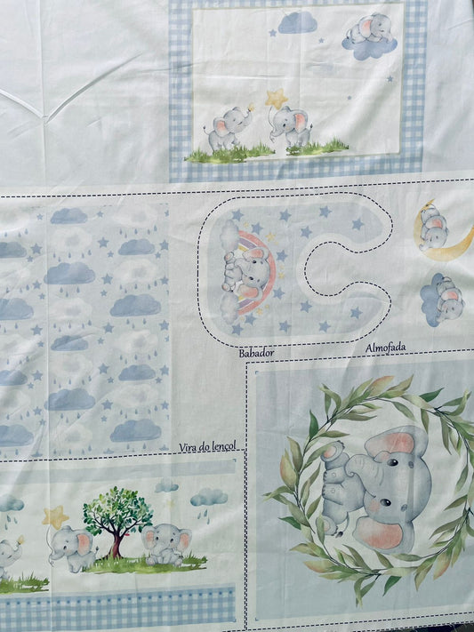 Tricoline 100% Algodón  - PT095 Patrón Panel kit Cuna Elefante NIÑO (99 x 150)