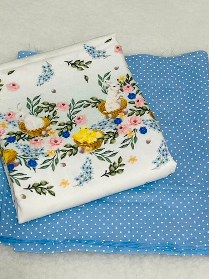 Tricoline 100% Algodón - CN002 Cenefas Conejo Pascoa Celeste (50 x 150)