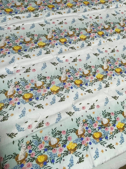 Tricoline 100% Algodón - CN002 Cenefas Conejo Pascoa Celeste (50 x 150)