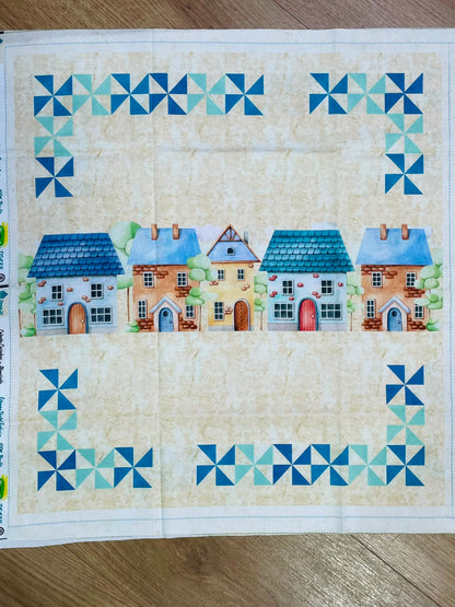 Tricoline 100% Algodón  - PT123 Patrón Panel Casitas Celeste (50 x 75)