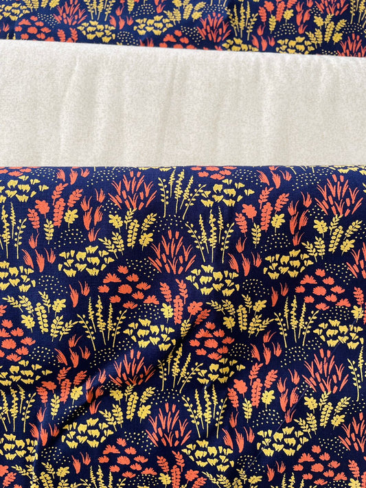 Tricoline 100% Algodón - TT111 Tinto Florecitas amarillo fondo azul marino (50 x 150)